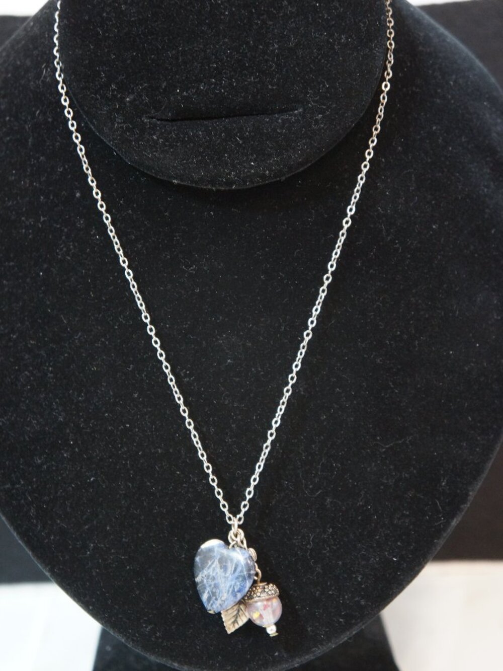 Woodland Cottagecore Acorn Leaf & Blue Sodalite Crystal Heart Necklace